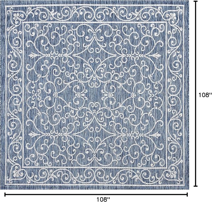 JONATHAN Y Vintage Filigree Indoor Outdoor Square Area Rug 9X9 Navy/Gray, Charleston Textured Weave for Backyard, Patio, Porch, Easy-Cleaning, High Traffic, Pet-Friendly, Non-Shedding (SMB106D-9SQ)