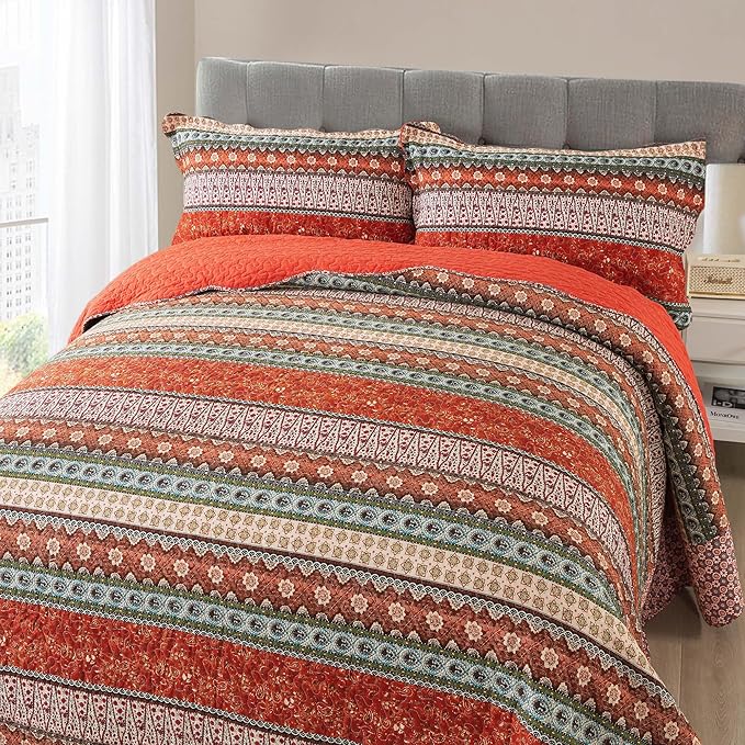 NEWLAKE Cotton Bedspread Quilt Sets - Reversible Patchwork Coverlet Set, Red Striped Jacquard Pattern, California King Size