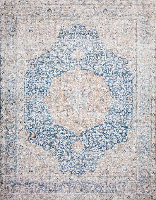 Loloi Layla Collection LAY-07 Blue/Tangerine 2'-0" x 5'-0" .13" Thick Accent Rug, Soft, Durable, Vintage Inspired, Distressed, Low Pile, Non-Shedding, Easy Clean, Printed, Living Room Rug