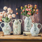 Enra Tall Vintage Blue and White Ceramic Vase with Handle, 11.2 Inch Chinoiserie Decorative Floral Vase, Large Rustic Ceramic Vase for Living Room, Office, Bookshelf, Home Decor