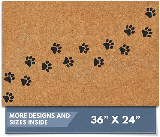 Barnyard Designs Natural Coco Coir Heavy Duty Backing Doormat - Large Cute Non-Slip Front Door Welcome Mat for Outside Entrance or Porch Entry, Brown (24x36, Paws)