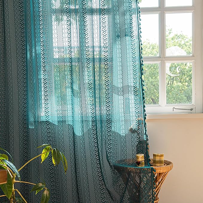 Sutuo Home Turquoise Boho Curtains for Bedroom Living Room,Crochet Lace Sheer Bohemian Stylish with Tassels, Window Treatment Privacy Vintage Rustic Farmhouse Drapes, Rod Pocket 1 Panel 59" W x 102" L