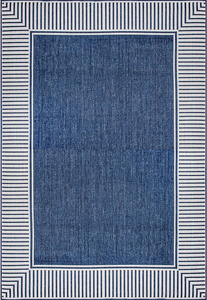 nuLOOM 10' x 12' Outdoor Area Rug, Casual Design With Striped Border, Stain Resistant, Highly Durable, For Patio, Balcony, Bedroom, Living Room, Dining Room, Bathroom, Navy