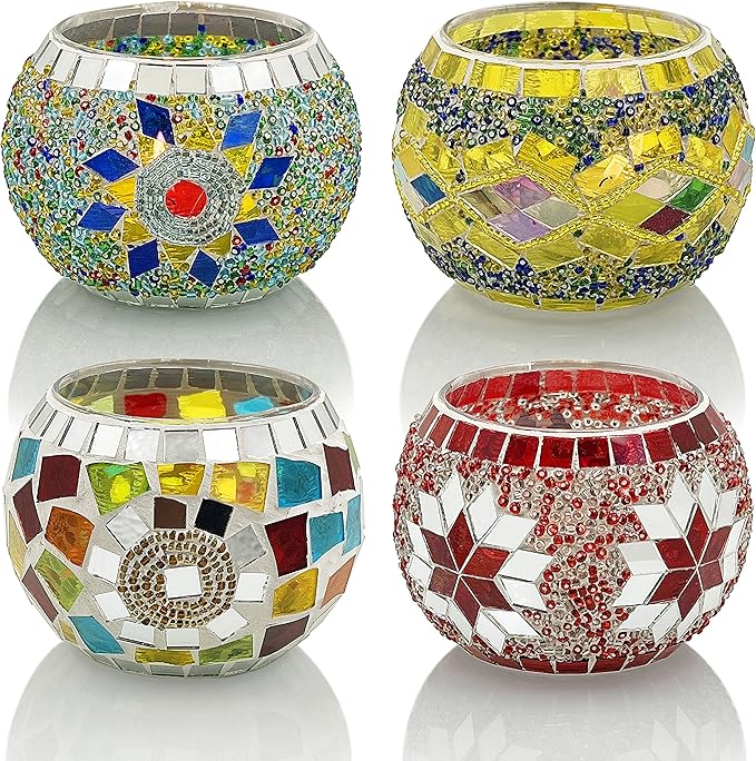 SHMILMH Glass Candle Holder Set of 4, Diwali Gift Votive Candle Holders Handmade Mosaic Glass Tealight Holders Diwali Christmas Table Decorations for Home
