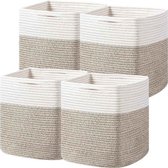 joybest Cube Storage Bins Set of 4, 13inch Cube Baskets Organizer for Nursery, Square Cotton Rope Baskets for Shelves Organizing, Kids Toy, Closet Storage, Brown and Cream White