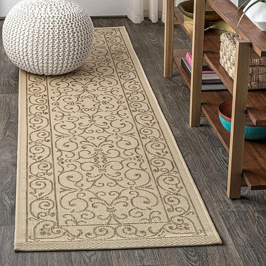 JONATHAN Y Vintage Filigree Indoor Outdoor Runner Rug 2X10 Beige/Brown, Charleston Textured Weave for Backyard, Patio, Porch, Easy-Cleaning, High Traffic, Pet-Friendly, Non-Shedding (SMB106A-210)