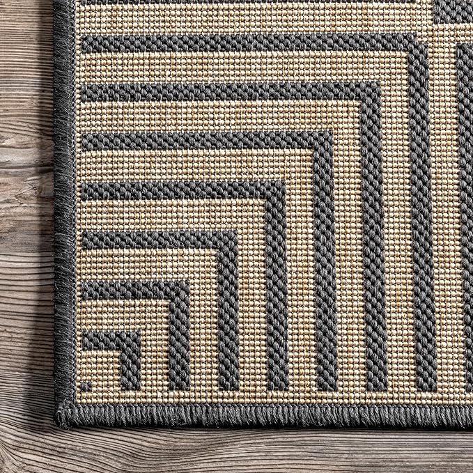 nuLOOM 2' x 3' Outdoor Area Rug, Casual Design With Striped Border, Stain Resistant, Highly Durable, For Patio, Balcony, Bedroom, Living Room, Dining Room, Bathroom, Dark Grey