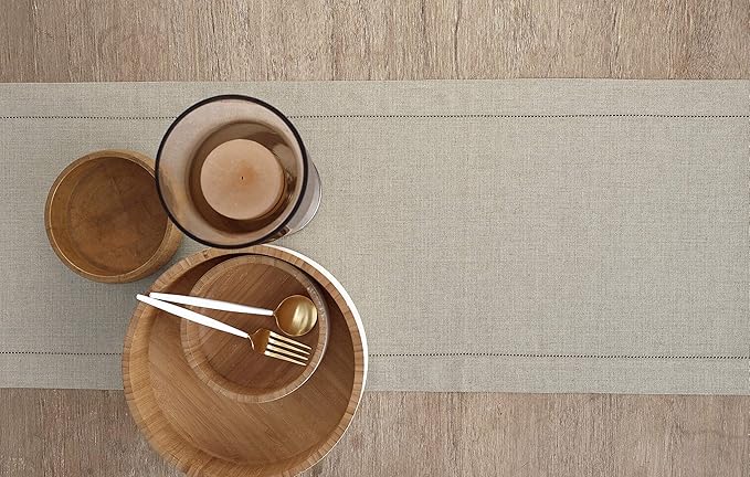 Solino Home Linen Natural Table Runner 120 Inches Long - 100% Pure Linen Hemstitch 14 x 120 Inch Table Runner for Dining, Fall, Autumn, Thanksgiving - Classic Hemstitch