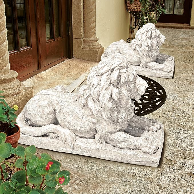 Design Toscano Lyndhurst Manor Lion Sentinel Outdoor Garden Statue, 27 Inch, Resin, Antique Stone Finish