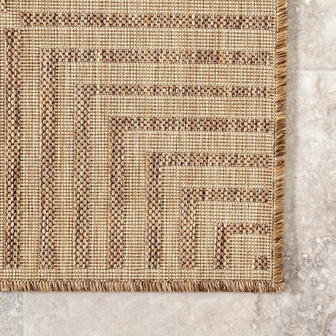nuLOOM 9'6" x 12' Outdoor Area Rug, Casual Design With Striped Border, Stain Resistant, Highly Durable, For Patio, Balcony, Bedroom, Living Room, Dining Room, Bathroom, Light Brown