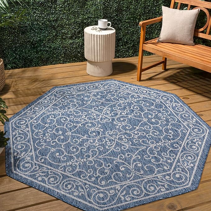 JONATHAN Y Vintage Filigree Indoor Outdoor Octagon Area Rug 5 Ft Navy/Gray, Charleston Textured Weave for Backyard, Patio, Porch, Easy-Cleaning, High Traffic, Pet-Friendly, Non-Shedding SMB106D-5TGN
