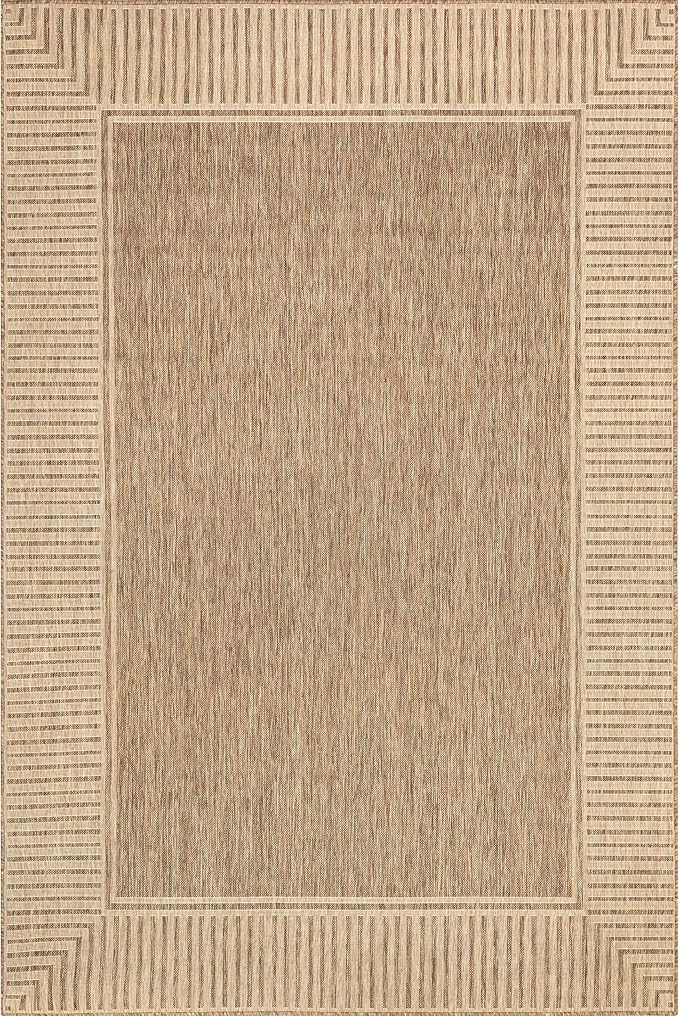 nuLOOM 6' 7" x 9' Outdoor Area Rug, Casual Design With Striped Border, Stain Resistant, Highly Durable, For Patio, Balcony, Bedroom, Living Room, Dining Room, Bathroom, Light Brown