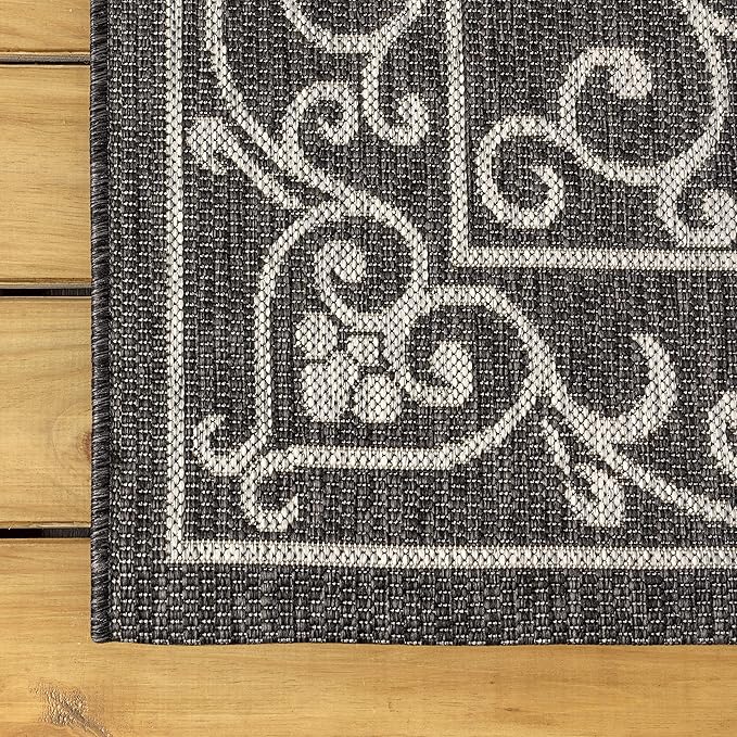 JONATHAN Y Vintage Filigree Indoor Outdoor Square Area Rug 8X8 Black/Gray, Charleston Textured Weave for Backyard, Patio, Porch, Easy-Cleaning, High Traffic, Pet-Friendly, Non-Shedding (SMB106G-8SQ)
