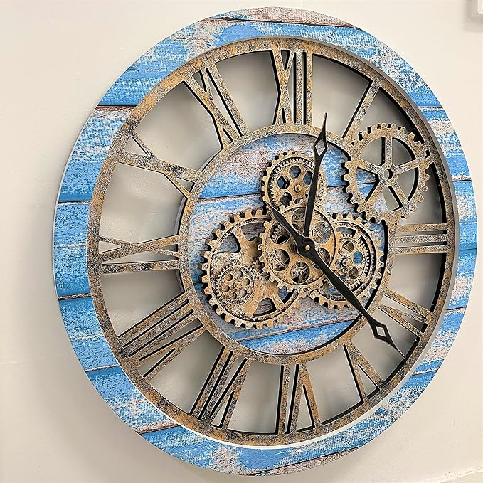 The Gears Clock The Original Real Moving Gear Wall Clock Vintage Industrial Oversized Rustic Farmhouse (24 inch (60cm), Vintage Ocean Blue and Bronze)