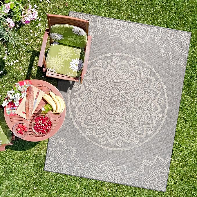 CAMILSON Outdoor Rug 6x9 Modern Area Rugs for Indoor and Outdoor Patios and Porches - Waterproof, Washable, Non-Shedding, Easy-to-Clean Outside Carpet (6 x 9, Medallion - Grey/White)