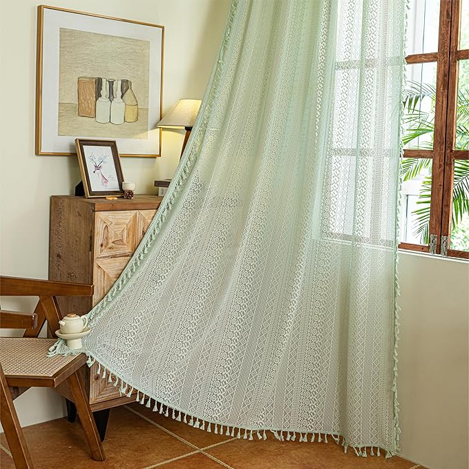 Sutuo Home Mint Green Boho Curtains for Bedroom Living Room, Crochet Lace Bohemian Hollow Knitted Handmade Tassels Window Treatment Vintage Rustic Rod Pocket Farmhouse Drapes, 1 Panel 59" W x 84" L
