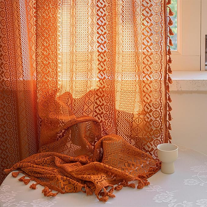 Sutuo Home Boho Curtains for Bedroom Living Room Kitchen,Crochet Lace Sheer Bohemian Hollow with Tassels,Window Treatment Drapes for Halloween Decor, Rod Pocket 1 Panel 59" W x 96" L, Burnt Orange