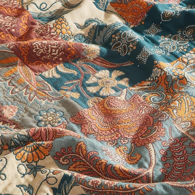 Boho Throw Blanket for Bed 80”x90”, 100% Cotton Woven Blanket for Couch Sofa, Ultra Soft 4-Layer Muslin Quilt with Patchwork Floral Printed, Farmhouse Bed Blanket/Cover for Living Room Decor