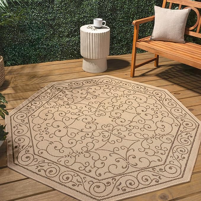 JONATHAN Y Vintage Filigree Indoor Outdoor Octagon Area Rug 5 Ft Beige/Brown, Charleston Textured Weave for Backyard, Patio, Porch, Easy-Cleaning, High Traffic, Pet-Friendly Non-Shedding SMB106A-5TGN