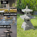 Galt International 2 Tier Pagoda Garden Statue LED Solar Powered Light 26" Tall Outdoor Zen Garden Lantern Landscape Lawn Asian Pagoda Stupa Decor Grey Resin