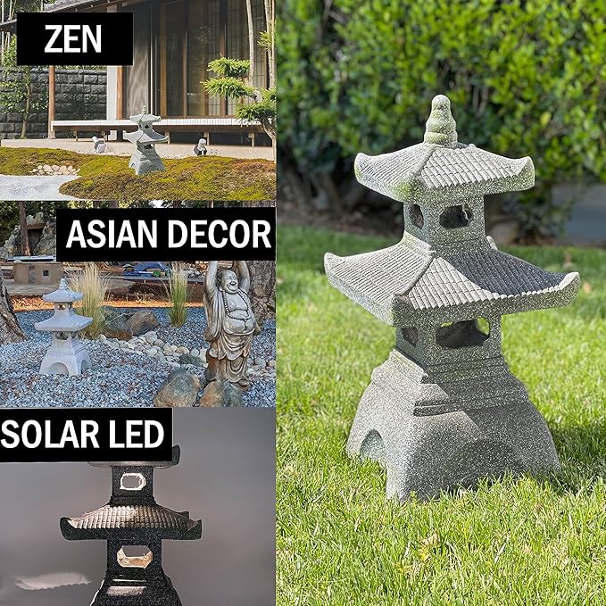 Galt International 2 Tier Pagoda Garden Statue LED Solar Powered Light 26" Tall Outdoor Zen Garden Lantern Landscape Lawn Asian Pagoda Stupa Decor Grey Resin