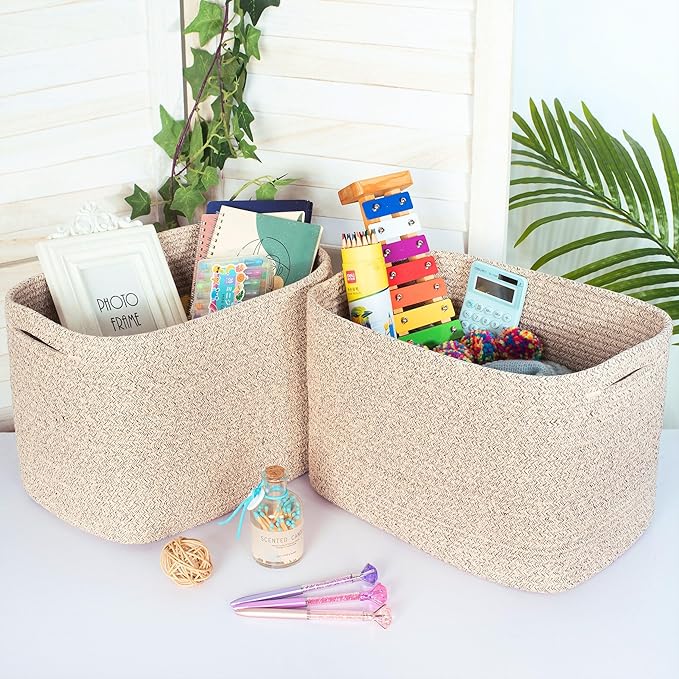 MINTWOOD Design 3-Pack Decorative Woven Storage Baskets for Shelves, Cube Bin Box for Organizing Books, Shoes, Dog Toys, Pantry Closet and Living Room Organizer, Oatmeal Brown