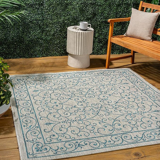 JONATHAN Y Vintage Filigree Indoor Outdoor Square Area Rug 6X6 Gray/Teal, Charleston Textured Weave for Backyard, Patio, Porch, Easy-Cleaning, High Traffic, Pet-Friendly, Non-Shedding (SMB106E-6SQ)