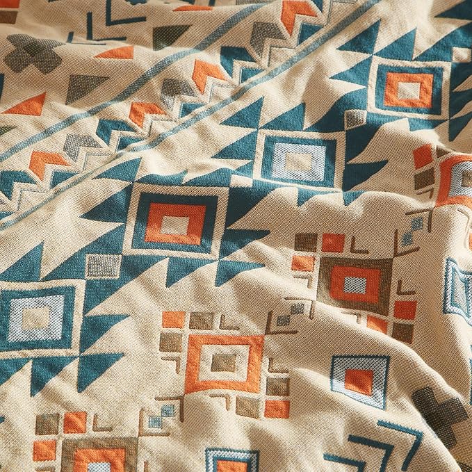 Boho Throw Blanket for Bed 80”x90”, 100% Cotton Woven Blanket for Couch Sofa, Ultra Soft 4-Layer Muslin Quilt with Diamond Pattern, Farmhouse Bed Blanket/Cover for Living Room Decor