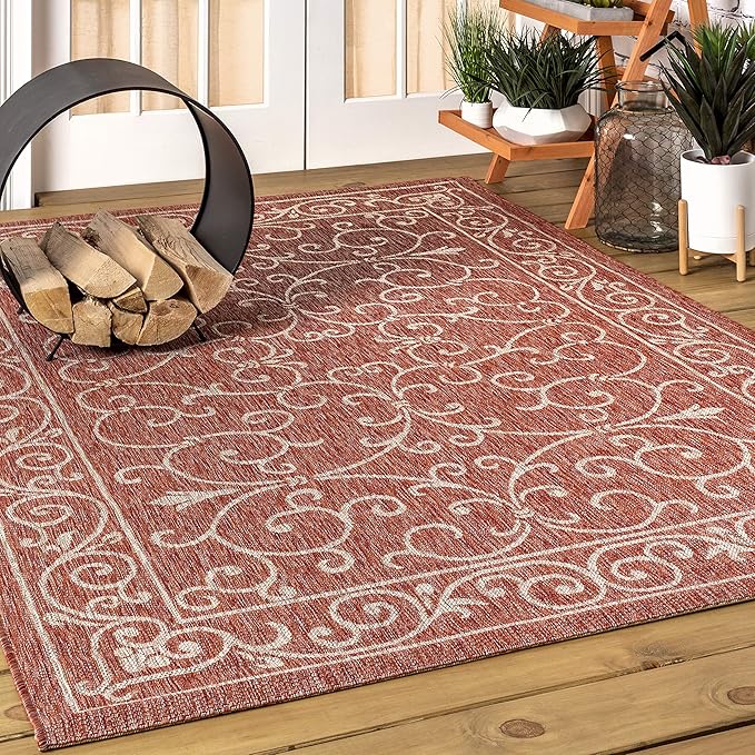 JONATHAN Y Vintage Filigree Indoor Outdoor Area Rug 4X6 Red/Beige, Charleston Textured Weave for Backyard, Patio, Porch, Easy-Cleaning, High Traffic, Pet-Friendly, Non-Shedding (SMB106B-4)
