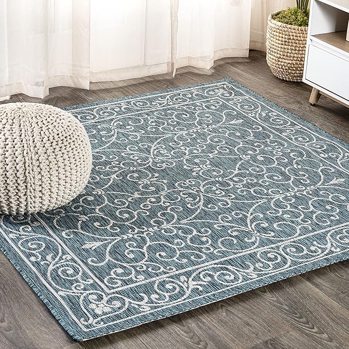 JONATHAN Y Vintage Filigree Indoor Outdoor Square Area Rug 5X5 Teal/Gray, Charleston Textured Weave for Backyard, Patio, Porch, Easy-Cleaning, High Traffic, Pet-Friendly, Non-Shedding (SMB106F-5SQ)