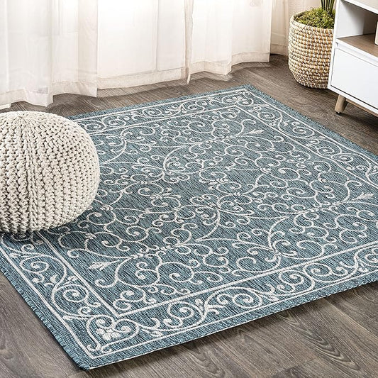 JONATHAN Y Vintage Filigree Indoor Outdoor Square Area Rug 9X9 Teal/Gray, Charleston Textured Weave for Backyard, Patio, Porch, Easy-Cleaning, High Traffic, Pet-Friendly, Non-Shedding (SMB106F-9SQ)