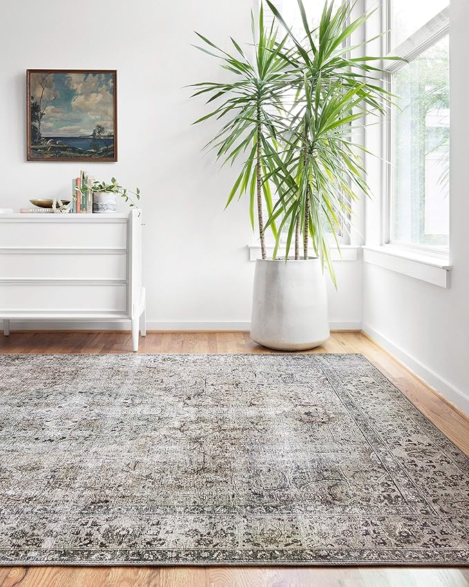 Loloi Layla Collection LAY-06 Taupe/Stone 3'-6" x 5'-6" .13" Thick Accent Rug, Soft, Durable, Vintage Inspired, Distressed, Low Pile, Non-Shedding, Easy Clean, Printed, Living Room Rug