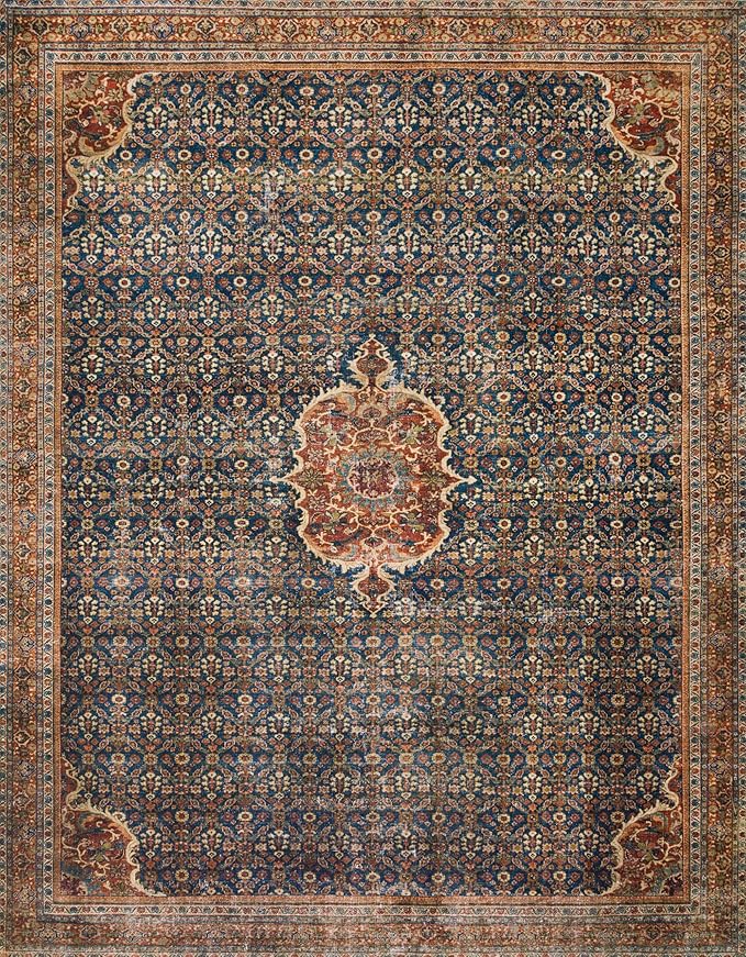 Loloi Layla Collection LAY-09 Cobalt Blue/Spice 9'-0" x 12'-0" .13" Thick Area Rug, Soft, Durable, Vintage Inspired, Distressed, Low Pile, Non-Shedding, Easy Clean, Printed, Living Room Rug