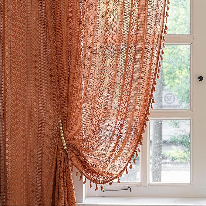 Sutuo Home Burnt Orange Boho Curtains 90 inches Long for Bedroom Living Room, Terracotta Crochet Lace Sheer Bohemian Knitted with Fringes,Window Treatment Drapes, Rod Pocket 1 Panel 59" W x 90" L