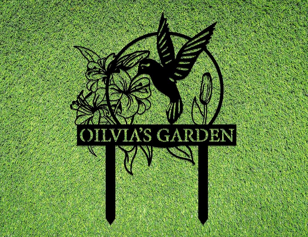 Custom Hummingbird Metal Garden Sign with Stakes, Bird Garden Decorations, Flower Design Personalized Garden Sign, Custom Garden Name Sign, Yard Decor, Home Gift