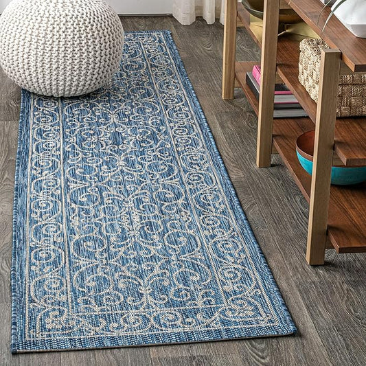JONATHAN Y Vintage Filigree Indoor Outdoor Runner Rug 2X10 Navy/Gray, Charleston Textured Weave for Backyard, Patio, Porch, Easy-Cleaning, High Traffic, Pet-Friendly, Non-Shedding (SMB106D-210)
