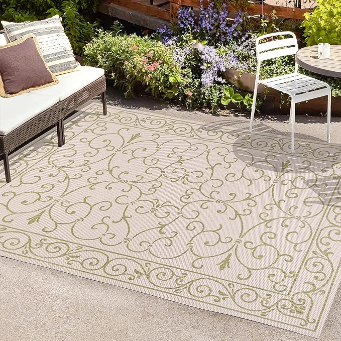 JONATHAN Y Vintage Filigree Indoor Outdoor Area Rug 3X5 Cream/Green, Charleston Textured Weave for Backyard, Patio, Porch, Easy-Cleaning, High Traffic, Pet-Friendly, Non-Shedding (SMB106I-3)