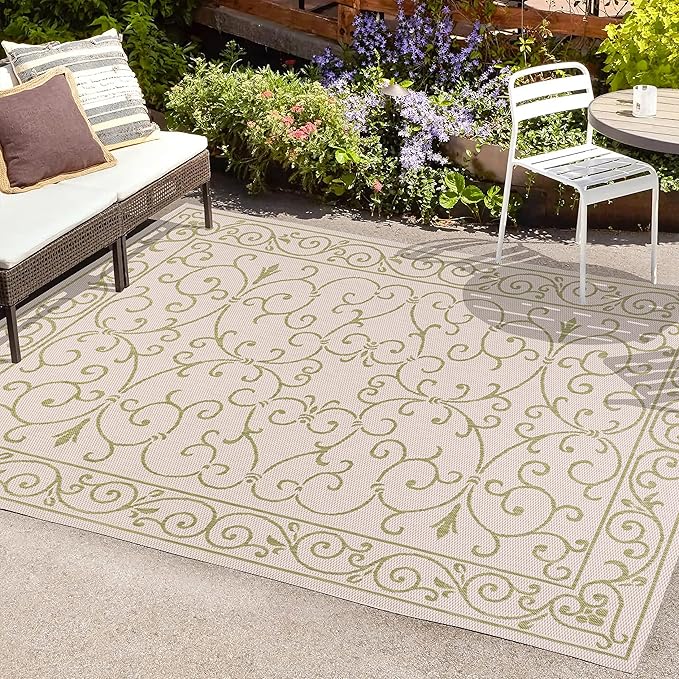 JONATHAN Y Vintage Filigree Indoor Outdoor Area Rug 8X10 Cream/Green, Charleston Textured Weave for Backyard, Patio, Porch, Easy-Cleaning, High Traffic, Pet-Friendly, Non-Shedding (SMB106I-8)