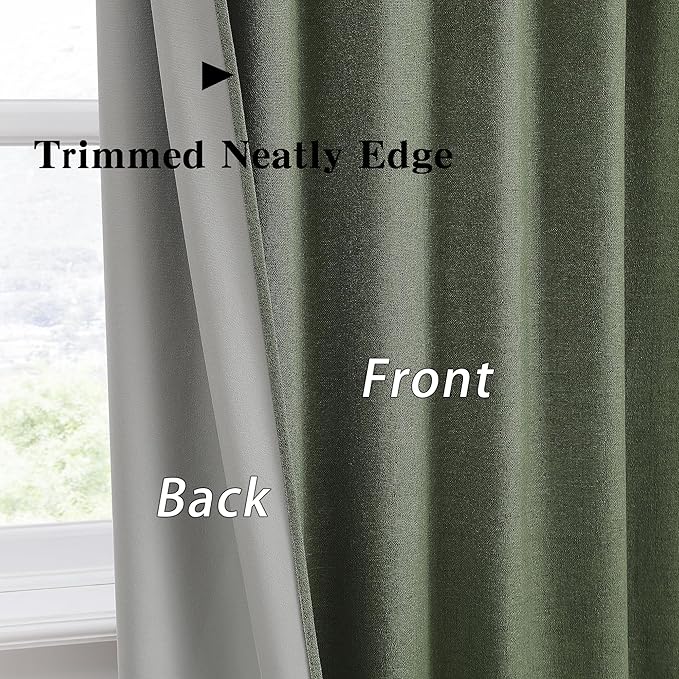 102 Inch Long Linen Blended Blackout Curtains 2 Panels, Back Tab Pleated Look Drapes for Track System with Hooks, Noise Reducing Country Blackout Winodw Curtains 50x102-Loden/Olive Green