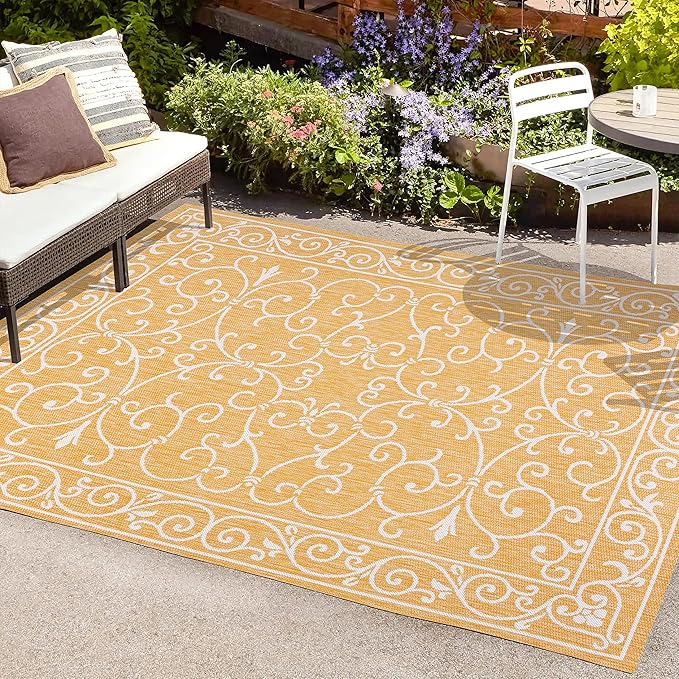 JONATHAN Y Vintage Filigree Indoor Outdoor Area Rug 4X6 Yellow/Cream, Charleston Textured Weave for Backyard, Patio, Porch, Easy-Cleaning, High Traffic, Pet-Friendly, Non-Shedding (SMB106L-4)