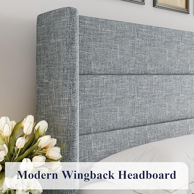 Allewie Full Size Lift Up Storage Bed, Modern Wingback Headboard, Hydraulic Support, No Box Spring Needed, Grey Blue