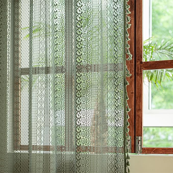 Sutuo Home Boho Curtains 120 inches Long, Crochet Lace Sheer Bohemian Hollow Knitted Cute Tassels, Vintage Farmhouse for Bedroom Living Room Nursery Dining Room, 1 Panel 59" W x 120" L,Olive Green