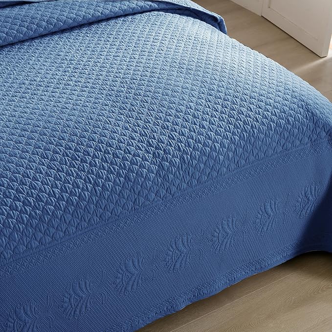 MarCielo 3-Piece 100% Cotton Oversized Bedspread Lightweight Quilt Coverlet Embroidery Farmhouse Bedding Set (TM Midtone Blue, Oversized King (118"x106"))