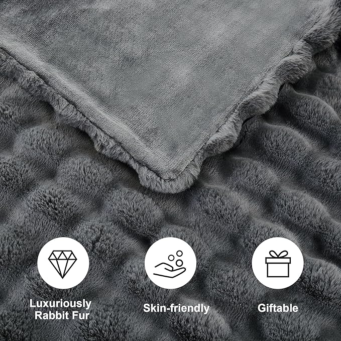 DREAMNINE Large Soft Thick Fuzzy Bubble Faux Rabbit Fur Bed Blanket Queen Size 80" x 90",Reversible Gray Plush Big Warm Shaggy Fluffy Blankets for Sofa, Solid Luxury Cozy Cute Bumpy Furry Blanket,Grey