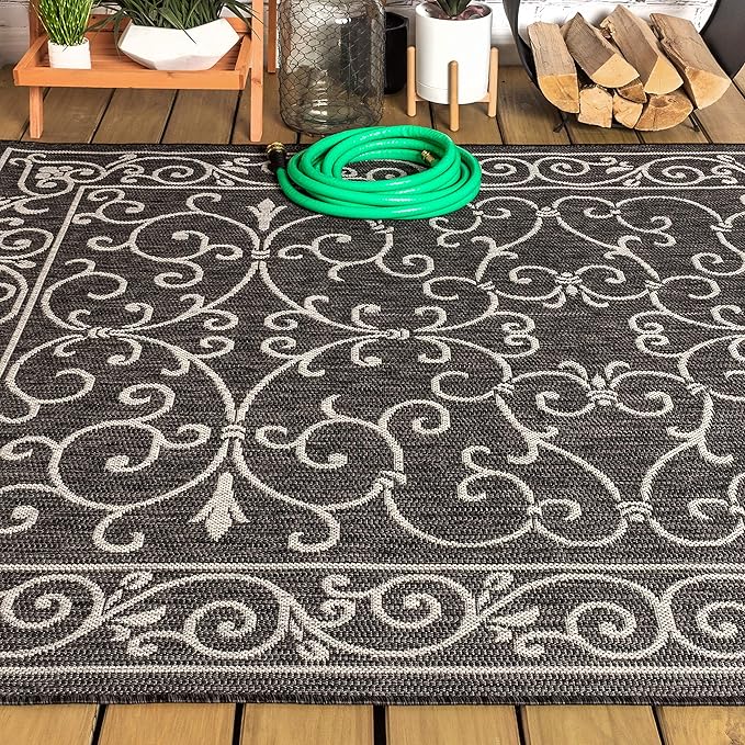 JONATHAN Y Vintage Filigree Indoor Outdoor Area Rug 3X5 Black/Gray, Charleston Textured Weave for Backyard, Patio, Porch, Easy-Cleaning, High Traffic, Pet-Friendly, Non-Shedding (SMB106G-3)