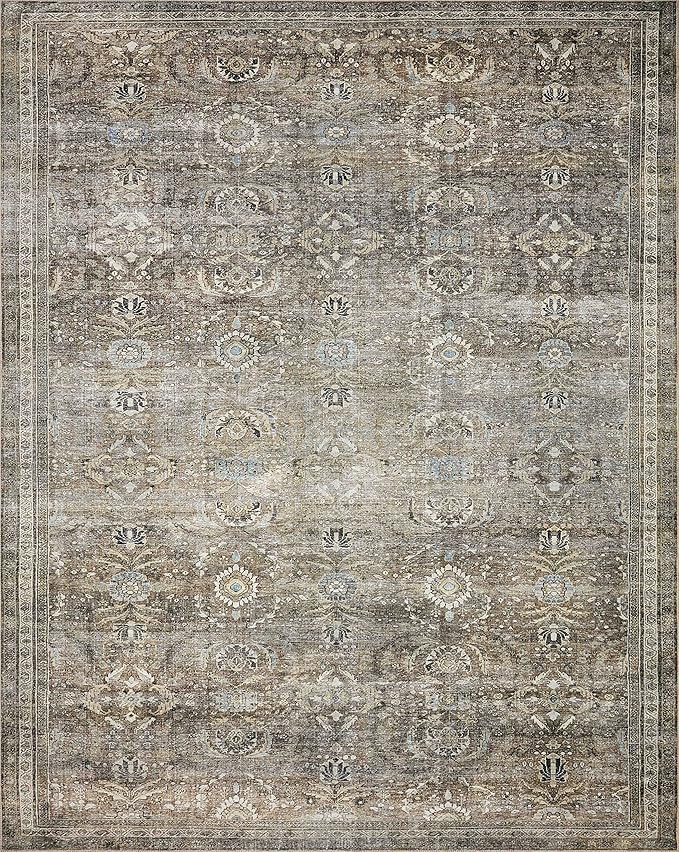 Loloi Layla Collection LAY-13 Antique/Moss 9'-6" x 14' .13" Thick Area Rug, Soft, Durable, Vintage Inspired, Distressed, Low Pile, Non-Shedding, Easy Clean, Printed, Living Room Rug