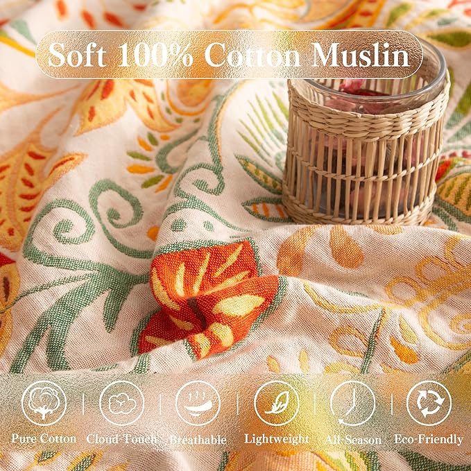 Boho Throw Blanket Twin Size, Soft Cozy Cotton Muslin Quilt Blanket for Bed Decor, Floral Patterned Couch Sofa Chair Cover, Vintage Farmhouse Cottage Tapestry Woven Blanket, Coral&Green