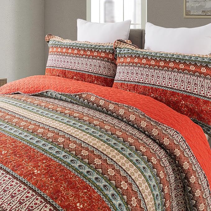 NEWLAKE Cotton Bedspread Quilt Sets - Reversible Patchwork Coverlet Set, Red Striped Jacquard Pattern, California King Size