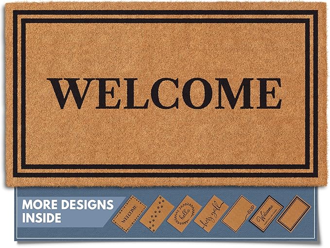 Barnyard Designs Natural Coco Coir Heavy Duty Backing Doormat - Large Cute Non-Slip Front Door Welcome Mat for Outside Entrance or Porch Entry, Brown (17x30, Welcome)