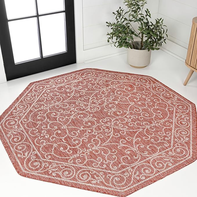 JONATHAN Y Vintage Filigree Indoor Outdoor Octagon Area Rug 8 Ft Red/Beige, Charleston Textured Weave for Backyard, Patio, Porch, Easy-Cleaning, High Traffic, Pet-Friendly, Non-Shedding SMB106B-8TGN